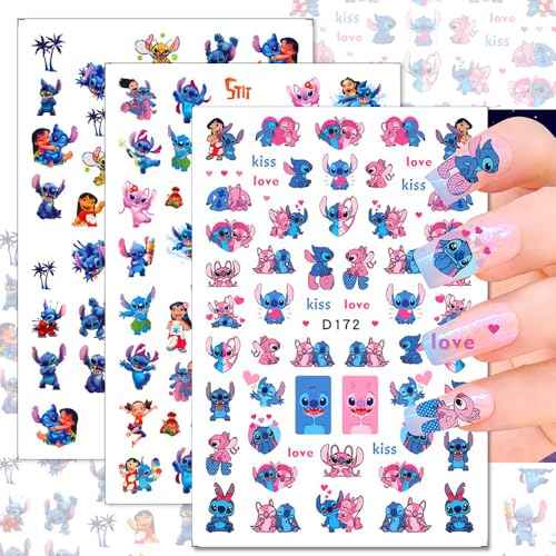 12 Sheets Blue Monster Nail Stickers Decals 3D Cartoon Pink Blue Animal Self Adhesive Nail Design Stickers Supply Cute Blue Animal Flowers Heart Nail Decals for Women Girls and Kids DIY Manicure