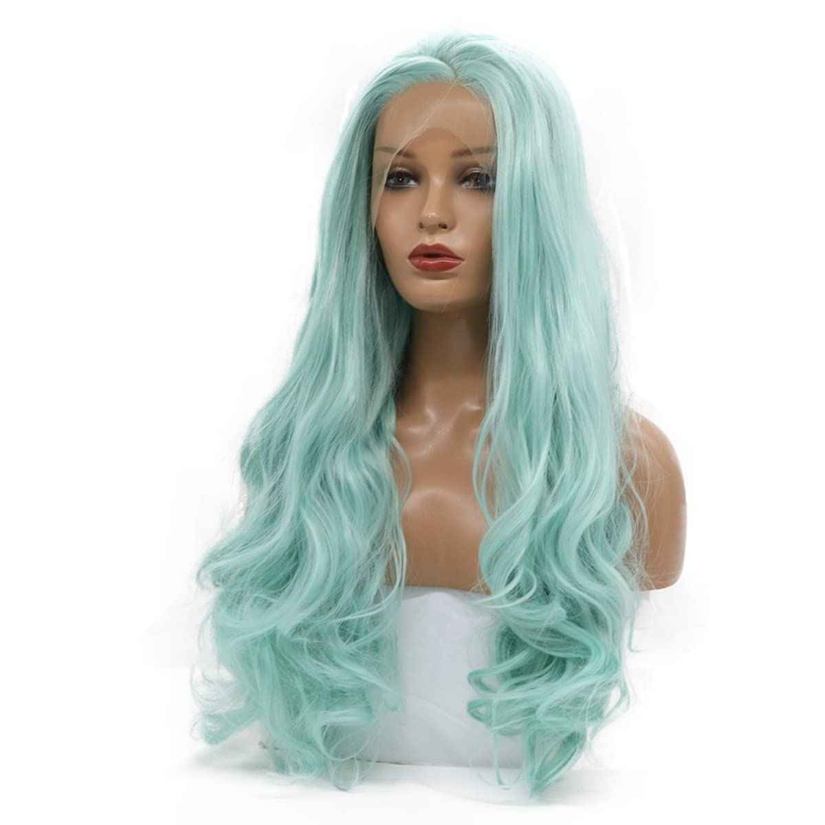 karissa Hair Green Wig Long Wavy Mint Lace Front Wigs Pastel Light Blue Synthetic Realistic Pre Plucked Hairline Glueless Heat Resistant Fiber Replacement Halloween Costume Cosplay Party 24 Inches