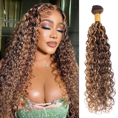 Water Wave Human Hair Ombre Honey Blonde Curly Bundles, Glossy & Shed-free P4/27 Highlighted Wet And Wavy Human Hair Weave Brown Piano Color 12A 100% Virgin Hair Single Bundle 18 Inch