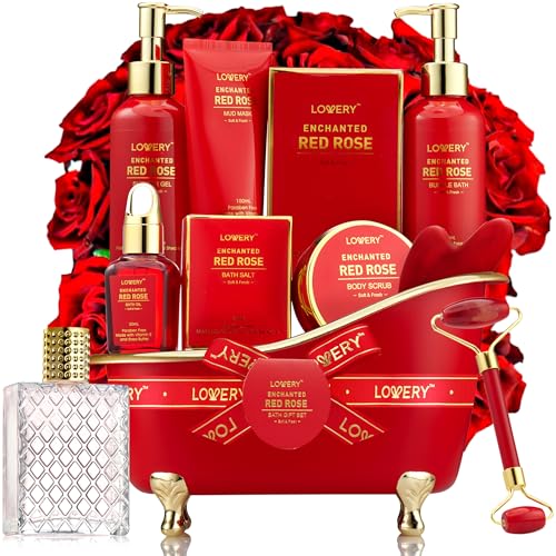 Anniversary Gifts for Her, Red Rose Spa Gifts for Women, Bath and Body Gift Set, Pampering Gift Basket, Birthday Gifts for Mom with Perfume, Jade Roller, Quartz Gua Sha Stone & More