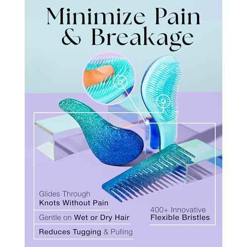 Detangler Brush & Wide Tooth Comb Hair Brush Gift Set - Ideal Gifts Under 10 Dollars for Womens Stocking Stuffers & Teenage Girls Gifts Ideas, Blue