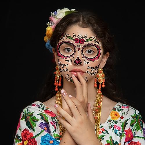 Day of the Dead Face Tattoos - 8 Sheets Sugar Skull Halloween Temporary Tattoo Kit