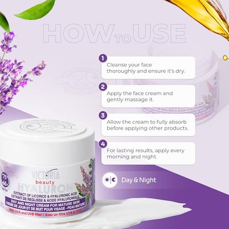 Hyaluron Anti-Wrinkle Cream with Licorice Extract - for Mature Skin (Age 60+) - Intensive Natural Cream for Day & Night With UV Filters