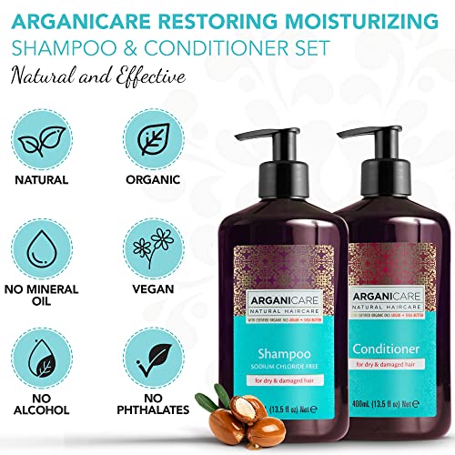 Arganicare Argan Oil Shampoo and Conditioner Set for Dry and Damaged Hair - Moisturizing Deep Conditioning Treatment Enriched with Organic Argan Oil & Shea Moisture for Men, Women and Kids | 27 Fl Oz