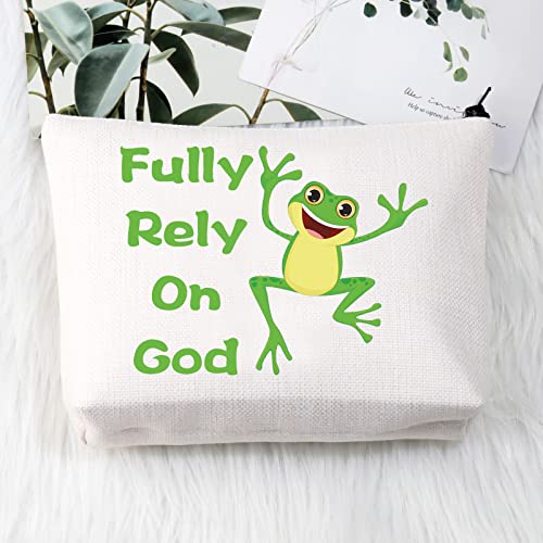 BDPWSS Frog Gift For Frog Lovers Frog Makeup Bag Fully Rely On God Frog Themed Cosmetic Bag Frog Owner Gift Frog Christian Gift (Frog on god)