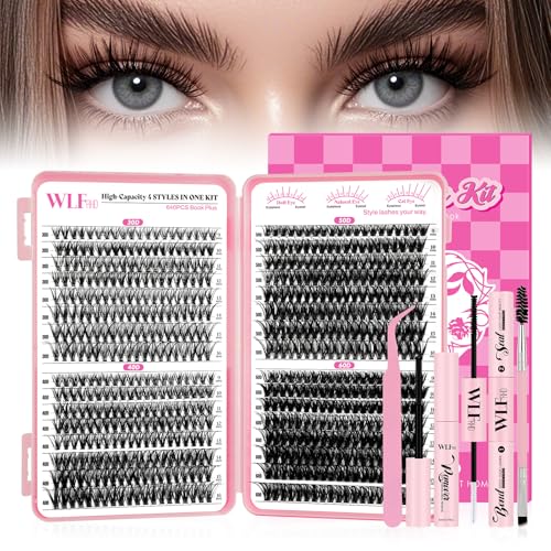 WLF Lash Clusters Kit 640 Pcs Lash Extension Kit Individual Lashes D Curl Clusters Eyelashes Extensions Kit with Lash Book Eyelash Bond and Seal Remover Tweezers Brush(Mix 9-16mm,30D+40D+50D+60D Kit)