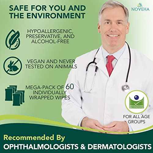 NOVEHA 120Pcs Daily Hygienic Eyelid & Lash Wipes | 120 Individually Wrapped Cleansing Eyelash Wipes - For Blepharitis & Itchy Eyes, Demodex and Natural Makeup Remover & Daily Cleanser (2 Pack)