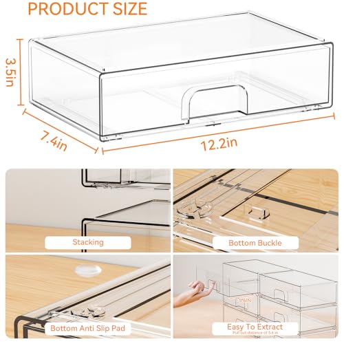 2 Pack Acrylic Drawer Organizer,12.2''W Clear Stackable Storage Drawers,Acrylic Boxes for Storage Makeup Palettes,Cosmetics,Pull Out Bathroom Storage Bins for Hair Products,Medicine Cabinet Organizer