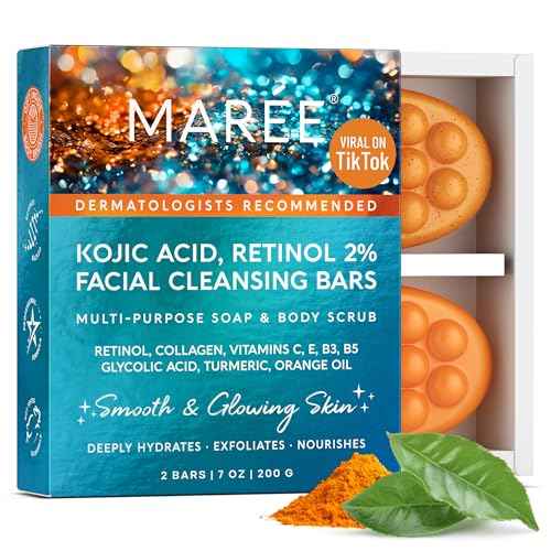 MAREE Kojic Acid Soap & Scrub - Brightening Kojic Acid and Turmeric Soap for Dark Spot and Hyperpigmentation - Dark Spot Remover for Face & Body Wash - Acido Kojico Cream Bar Soaps