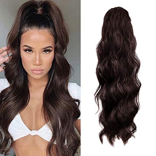 KETHBE 24 Inch Long Body Wave Ponytail hair Extension Synthetic Heat Resistant Wrap Around Drawstring Curly Wavy Ponytail Hairpieces for Women (4#)