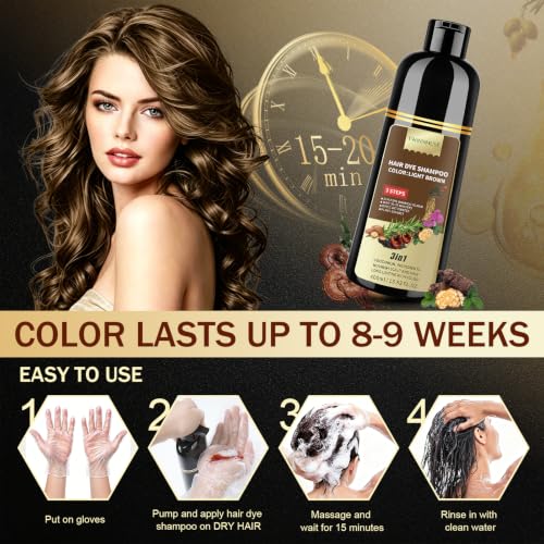 TWINNMUSE Light Brown Hair Dye Shampoo 3-in-1 Semi-Permanent Hair Color for Gray Coverage