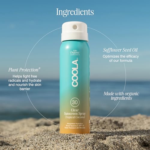 COOLA Organic Sunscreen SPF 30 Sunblock Spray, Dermatologist Tested Skin Care for Daily Protection, Vegan and Gluten Free, Tropical Coconut