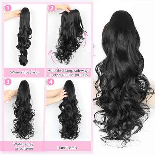 ALXNAN Ponytail Extension,24 Inch Claw Clip in Long Curly Wavy Black Ponytail Hair Extension Jaw Clip on Pony Tails Hairpiece for Women