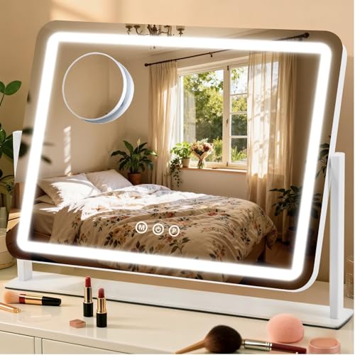 Vanity Mirror with Lights, 5X Magnification Spot Mirror, Makeup Mirror with Dimmable 3 Color Lighting, 17.3"L x 14.2"W
