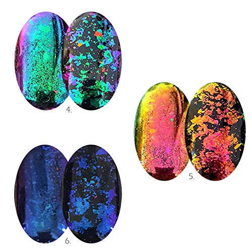 Iridescent Glitter Chameleon Nail Flakes Set Chrome Nail Powder Mirror Mermaid Effect Set 6 Jars (Dark Chameleon)