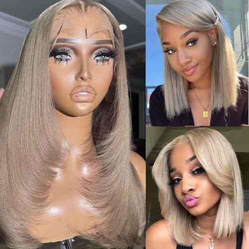 Ash Blonde Bob Wig Human Hair 13x4 HD Transparen Lace Frontal Wig Human Hair for Black Women,Glueless Ash Blonde Straight Bob Wigs Human Hair Pre Plucked 150% Density Short Blonde Wigs Human Hair