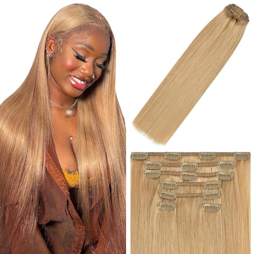 20 Inch #27 Blonde Clip in Hair Extensions - Real Remy Human Hair, 120g 7pcs, Honey Blonde Human Hair Extensions Clip ins for Women