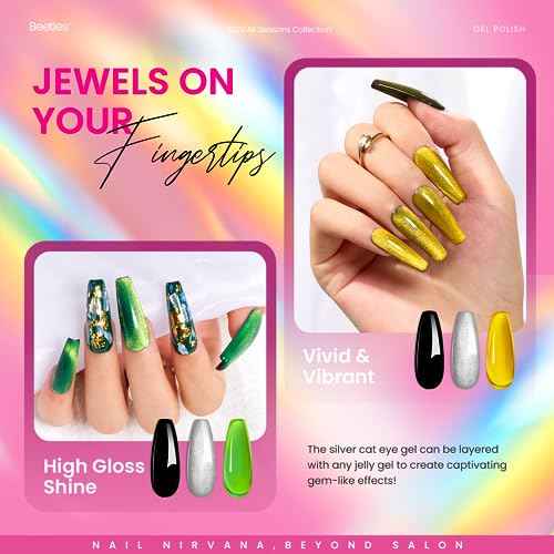 Beetles Gel Nail Polish Set, 6 Colors Silver Cat Eye Gel Polish Sheer Jelly Red Pink Yellow Green Black Neon Gel Translucent Glitter Effect with Magnet Soak Off UV Manicure Gifts for Women
