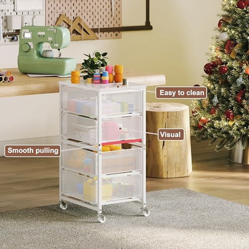 4-Drawer Metal Rolling Storage Cart with Wooden Top - White