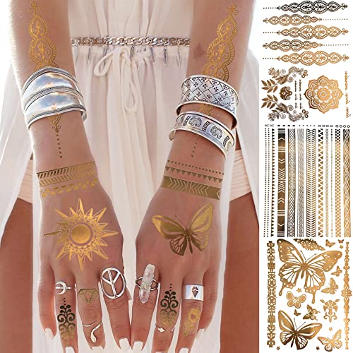 Bilizar 9 Sheets Flash Gold Temporary Tattoos - 110+ Designs