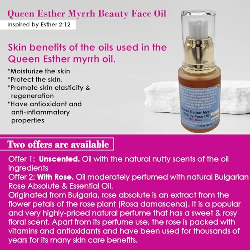 Queen Esther Myrrh Beauty Face Oil, Myrrh-Infused Skincare Essential Oils, Rosehip, Argan, Seabuckthorn, Pomegranate Seed Face Oil for Radiant Skin, 1.0 Fl Oz (Bulgarian Rose)