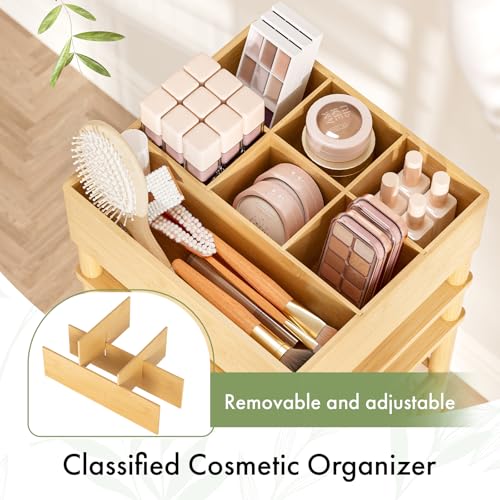 Amazer Bamboo Makeup Organizer Cart with 3 Drawers, Floor Skin Care Storage for Bathroom Bedroom, Rolling Vanity Organizer Cart for Cosmetic, Nail Polish, Perfume and Hair Tools