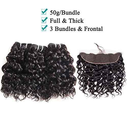 Water Wave Bundles with Lace Frontal Closure UDU 12A Wet and Wavy Human Hair Bundles with Closure 100% Unprocessed Human Hair Extensions Short Curly Remy Hair Weft with Free Part Frontal 50g/bundle