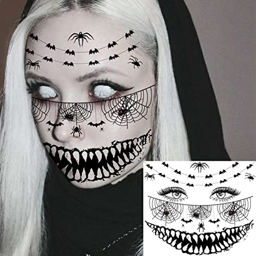 4 Sheets Scary Halloween Face Temporary Tattoos For Women Men, 3D Witch Zombie Makeup Kit For Kids Girls Boys Adults, Dia de los muertos Day of the Dead Makeup Face Tattoos Spider Web Bat Scar