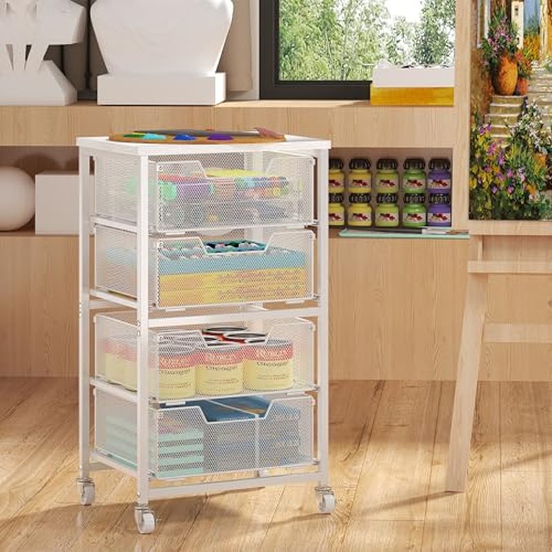 4-Drawer Metal Rolling Storage Cart with Wooden Top - White