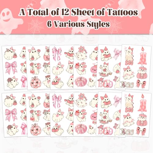 Pink Bow Ghost Temporary Tattoos Stickers - 12 Pack