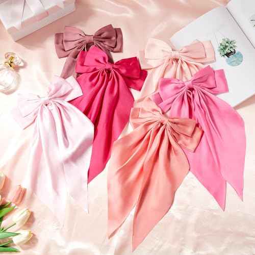 6 Pcs Coquette Large Pink Bow for Girls Women Oversized Long Tail Clip Barrette Ribbons Satin Bows Cute Bowknot Hair Accessories Gift for Birthday Galentine's Day Holidays