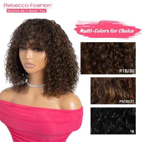 Rebecca Fashion Highlight Curly Bob Human Hair Wig with Bangs 12 Inch Short Curly Water Wave Bob Wig Human Hair Wigs for Black Women Glueless Wig 100% Brazilian Remy Hair Black Mixed Brown Color