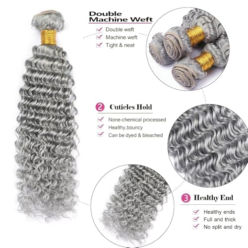 Grey Human Hair Bundles Deep Wave 26 28 30 Inch (3 Pack)