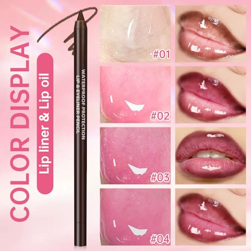 4 Colors Hydrating Lip Oil Plumping + Lip Liner Set, Shiny Glow Reviver Lip Care Oil, Moisturizing Big Brush Head Clear Pink Glitter Transparent Lip Gloss Combo Makeup Present for Women