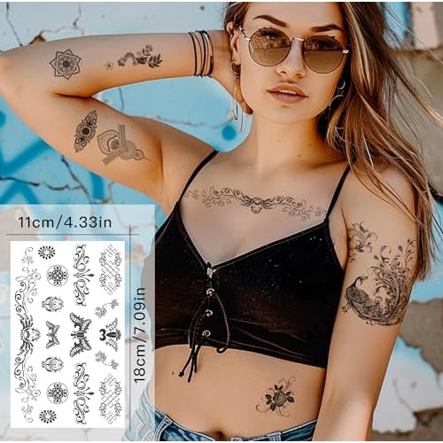11 Sheets Tribal Black Realistic Temporary Tattoos For Women Girls, Waterproof Fake Tattoos Temporary Elephant Ganesha Lace Tattoo Kits, Lotus Mandala Flower Tatoo Sticker Neck Chest Arm Butterfly