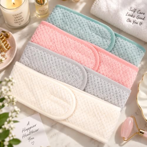 Huachi 4-Pack Adjustable Spa Headbands for Women, Soft Water-Absorbing Coral Fleece, Peach, Beige, Light Gray, Light Green