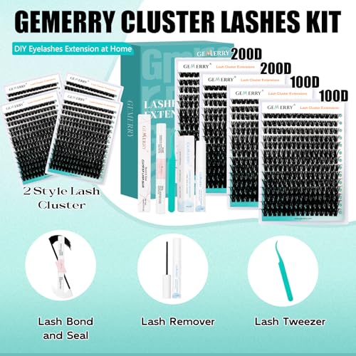 GEMERRY Lashes Clusters Kit Thick Lash Clusters 2 Styles 728Pcs Fluffy Lash Clusters Kit with Waterproof Bond and Seal Remover Tweezers for Beginners£¨2X 100P+200P£©