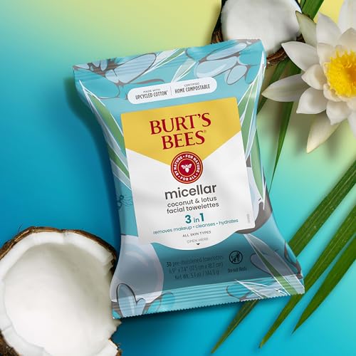 Burt's Bees Coconut & Lotus Face Wipes, for All Skin Types, Micellar Makeup Remover & Facial Cleansing Towelettes, 30 Ct. (3-Pack)