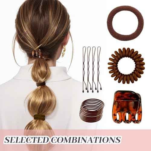 Elastic Hair Ties, Hair Accessories for Girls, Brown and Clear Hair Rubber Bands Set with Bobby Pins, Hair Accessories Set for Daily Use (Brown Series)