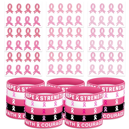Pink Ribbon Tattoos & Breast Cancer Awareness Silicone Bracelets (97PC)
