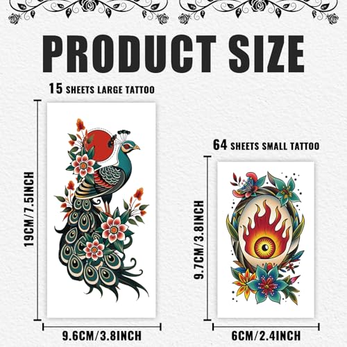 Cerlaza 79 Sheets Temporary Tattoos - Classic Old School Designs