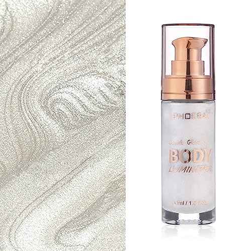 Body Shimmer Oil, Diamond Platinum Natural Glow Luminizer, Long Lasting Waterproof Moisturizing Liquid Illuminator Highlighter Makeup for a Sun-Kissed Glow, Brush Include, 1oz, Light Fair