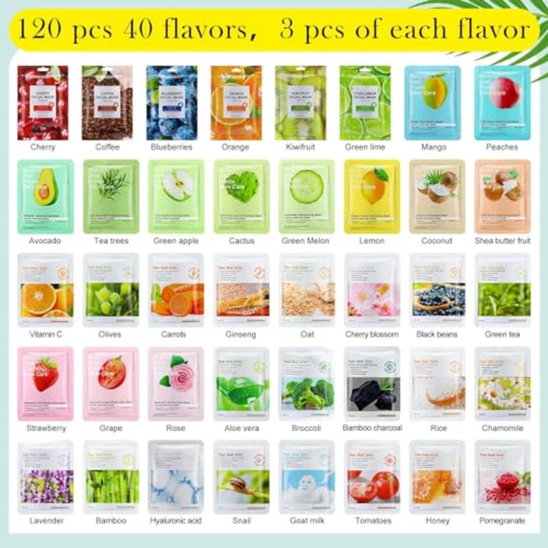 120 Pcs Assorted Combo Collagen Essence Face Masks Skincare Moisturizing Sheet Masks Bulk Hydrating Soothing Facial Mask for Most Skin Types Women Girls Gift Home Spa Travel