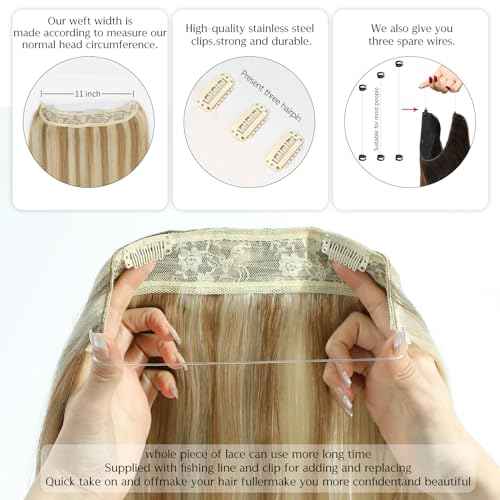 Hair Extensions 16 Inch Hair Extensions Real Human Hair Light Blonde to 613 Blonde Straight Hair Extensions Human Hair Extensions Hidden Wire Hair Extensions Transparent Fish Line Invisible Hairpiece