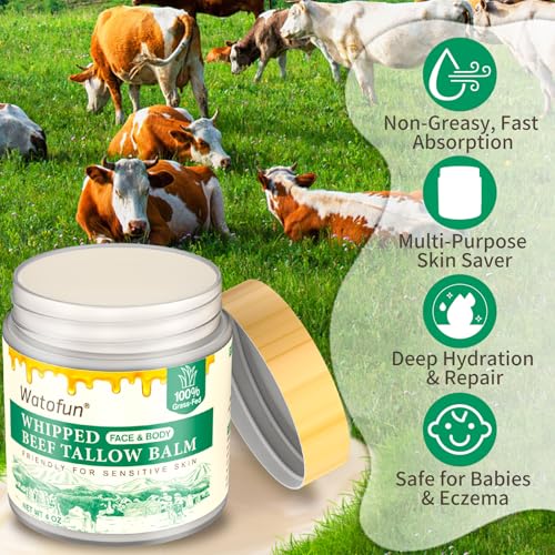 Whipped Beef Tallow Balm for Skin - 100% Organic Grass-Fed Tallow & Honey Body Butter, Infused with Olive Oil to Nourish, Soothe & Repair Dry, Cracked, Sensitive Skin- Natural Deep Moisturizer 4 OZ