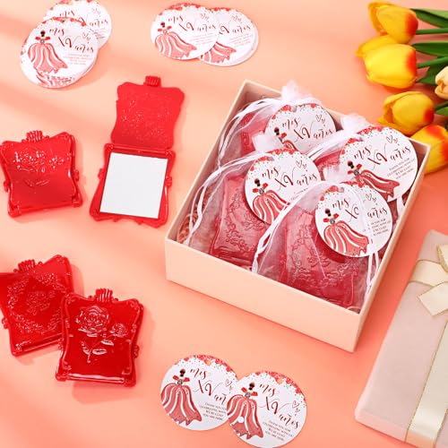 Wenqik 50 Set Quinceanera Party Favors for Guests Include Rose Compact Mirror Quinceanera Card and Organza Bag Mis Xv Sweet 15th Birthday Party Favors (Red)