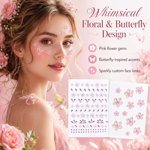 3D Pink Flower Face Gems Stickers - Self-Adhesive Rhinestone Jewels (2 Sheets)