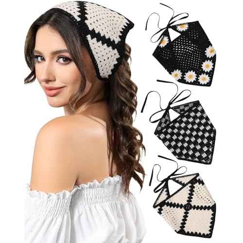AWAYTR Crochet Head Scarf Hair Bandanas Women Knit Bandana Headband Scarf Tie-Back Head Coverings Floral Headscarf for Girls