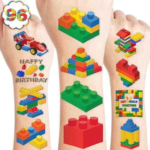 96 PCS Building Blocks Block Pre-Cut Temporary Tattoos for Kids | Super Cute Themed Birthday Party Favors, Supplies, Decorations, Fake Tattoo Stickers (Multiple)