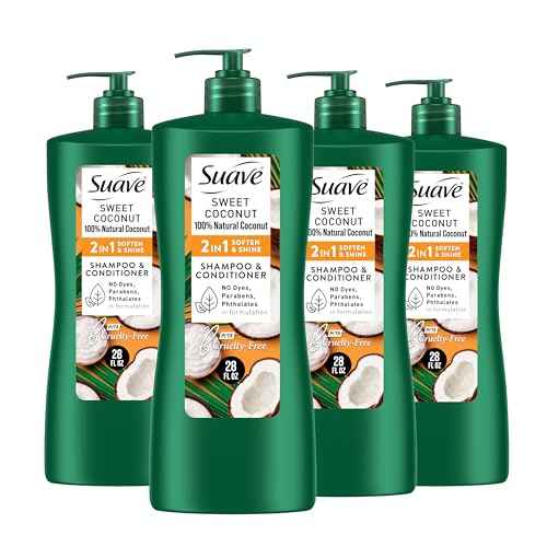 Suave Natural Sweet Coconut 2 In 1 Shampoo & Conditioner with 100% Natural Coconut, for Softening and Shining Hair, No Dyes, No Parabens, No Phthalates, 28 Oz (Pack of 4)